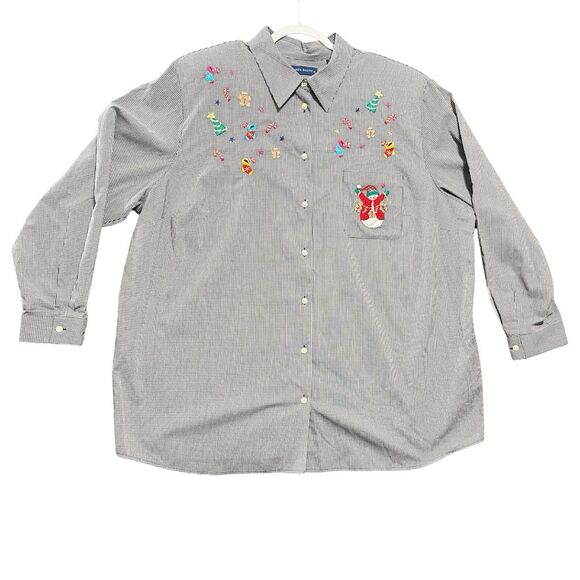 Karen Scott Plus 3X Gingham Christmas Shirt Button Up Embroidered Holiday Top - Picture 1 of 7